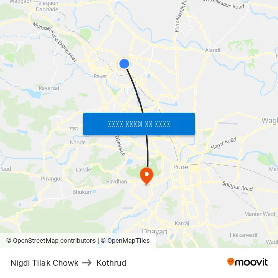 Nigdi Tilak Chowk to Kothrud map