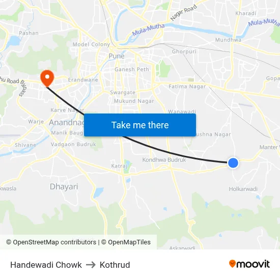 हंडेवाडी चौक to कोथरुड map