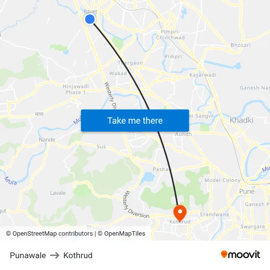 Punawale to Kothrud map