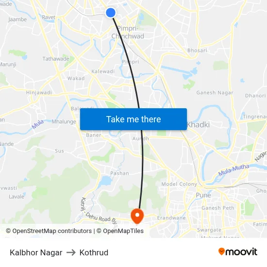 कलभोर नगर to कोथरुड map