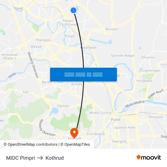 एमआईडीसी पिंपरी to कोथरुड map