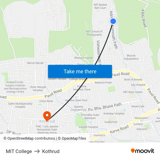 MIT College to Kothrud map