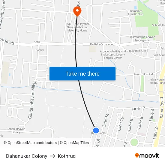 Dahanukar Colony to Kothrud map