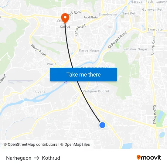 नरहेगाव to कोथरुड map
