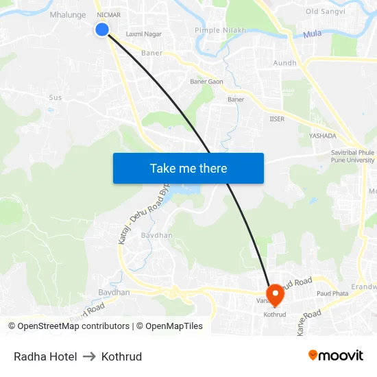 राधा होटल to कोथरुड map