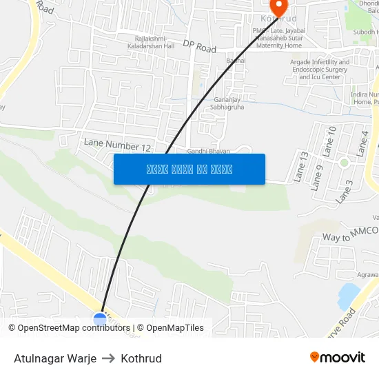 अतुलनगर वारजे to कोथरुड map