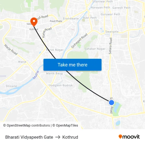 भारती विद्यापीठ गेट to कोथरुड map