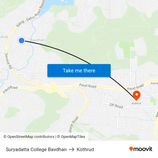 सूर्यदत्त कॉलेज बावधन to कोथरुड map
