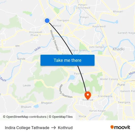 Indira College Tathwade to Kothrud map