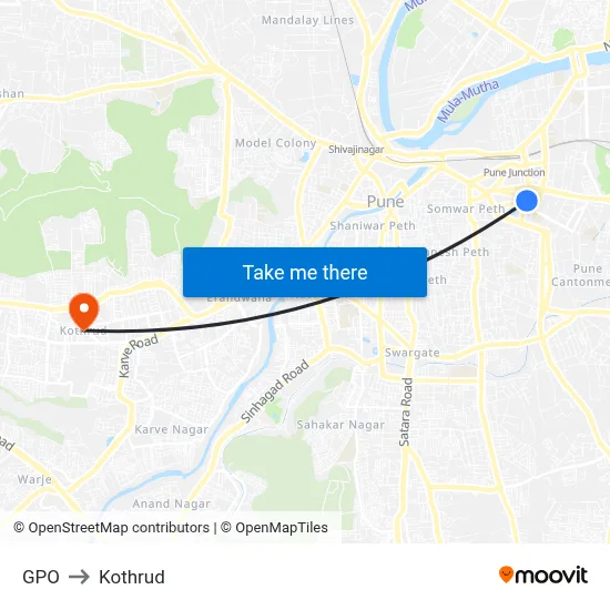 जीपीओ to कोथरुड map