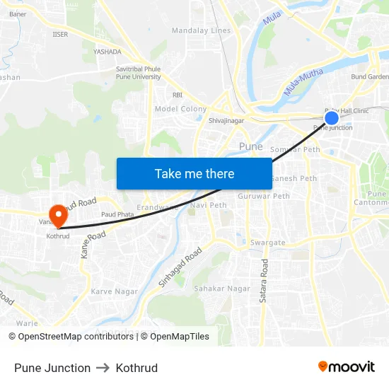 पुणे जंक्शन to कोथरुड map