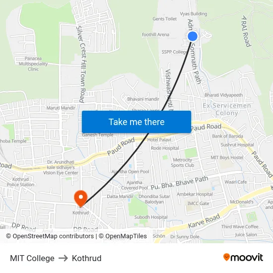 एमआईटी कॉलेज to कोथरुड map