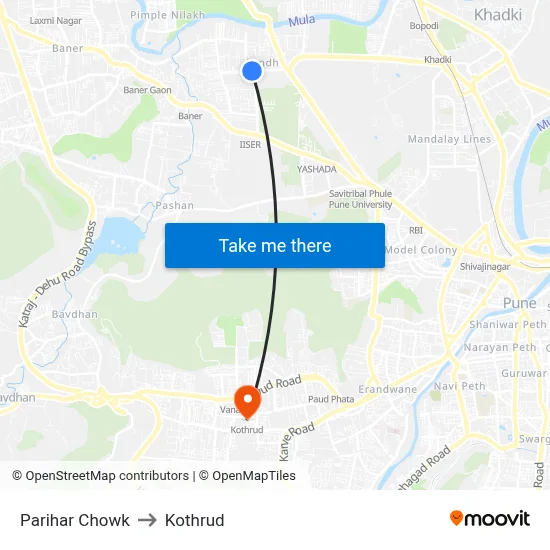 परिहार चौक to कोथरुड map