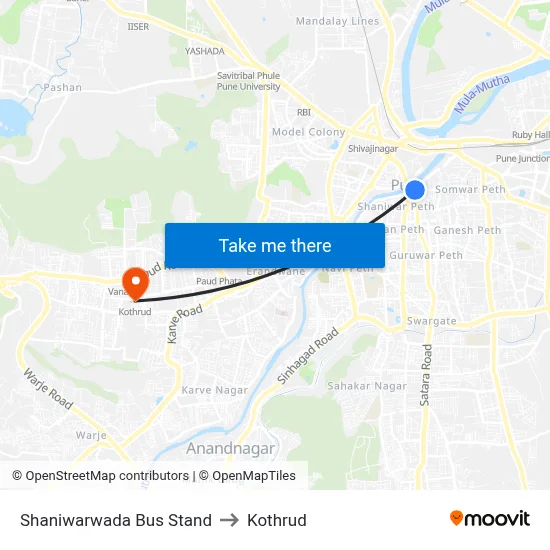 शनिवारवाडा बस स्टैंड to कोथरुड map