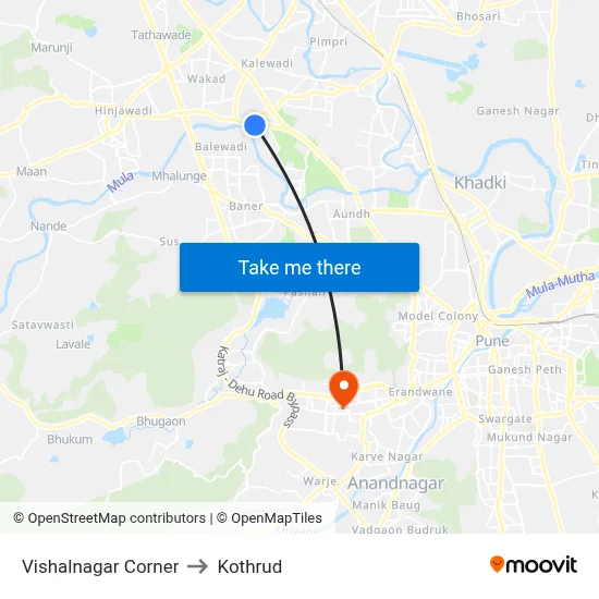 विशालनगर कॉर्नर to कोथरुड map