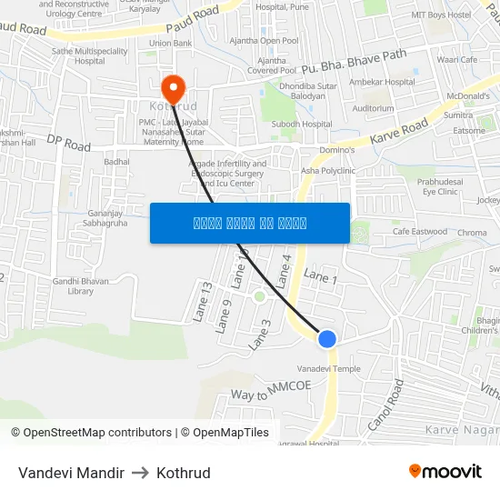 वंदेवी मंदिर to कोथरुड map