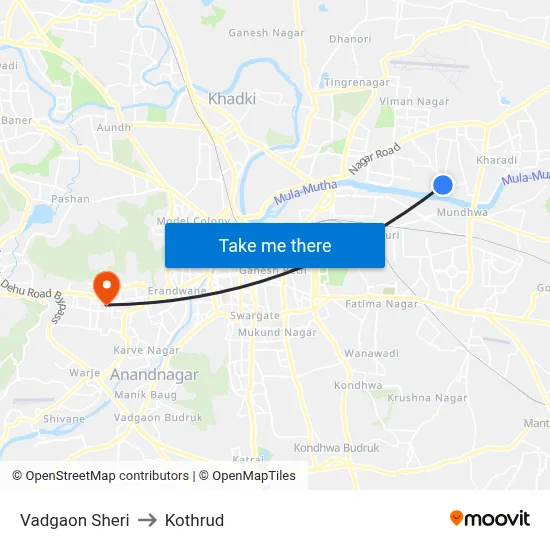 वडगाव शेरी to कोथरुड map