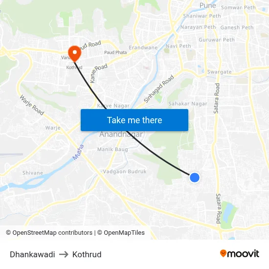 धनकावड़ी to कोथरुड map