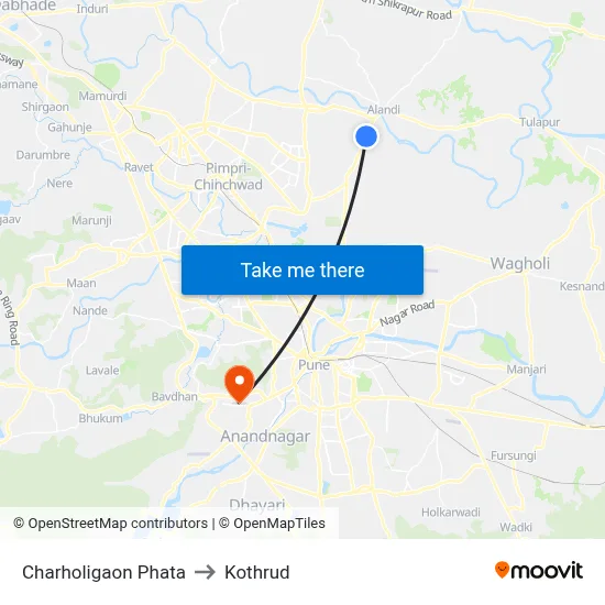 Charholigaon Phata to कोथरुड map