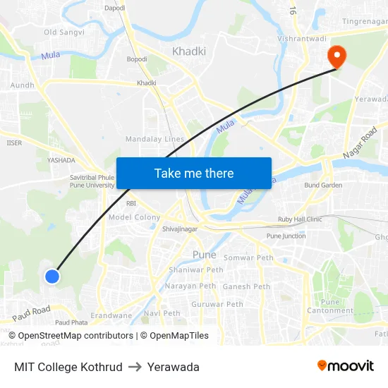 MIT College Kothrud to येरवडा map