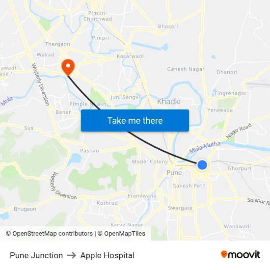 Pune Junction to Apple Hospital map