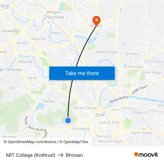 MIT College (Kothrud) to भोसारी map