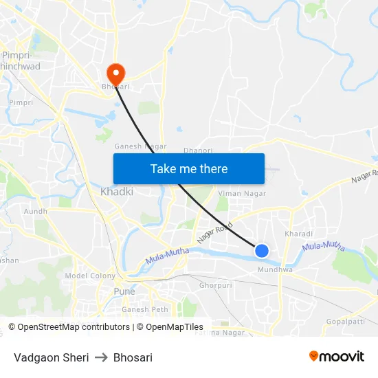 वडगाव शेरी to भोसारी map