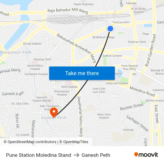 Pune Station Moledina Stand to Ganesh Peth map