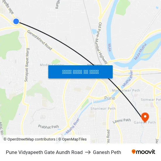 पुणे विद्यापीठ गेट औंध रोड to गणेश पेठ map