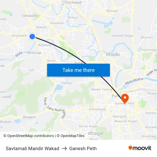 सावतामाळी मंदिर वाकड to गणेश पेठ map