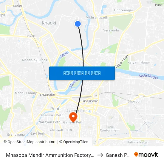 म्हसोबा मंदिर अम्युनिशन फैक्टरी रोड to गणेश पेठ map