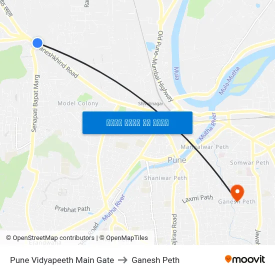 पुणे विद्यापीठ मुख्य द्वार to गणेश पेठ map