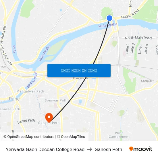 येरवाडा गाँव डेक्कन कॉलेज रोड to गणेश पेठ map
