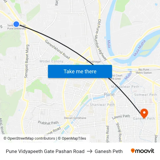 पुणे विद्यापीठ गेट पाषाण रोड to गणेश पेठ map