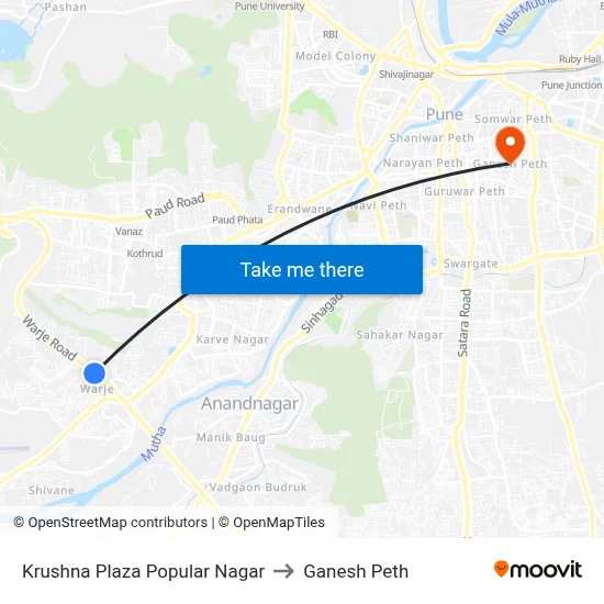 कृष्णा प्लाझा पॉप्युलर नगर to गणेश पेठ map