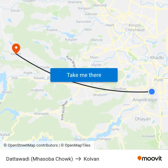 दत्तवाडी (म्हसोबा चौक) to कोल्वन map