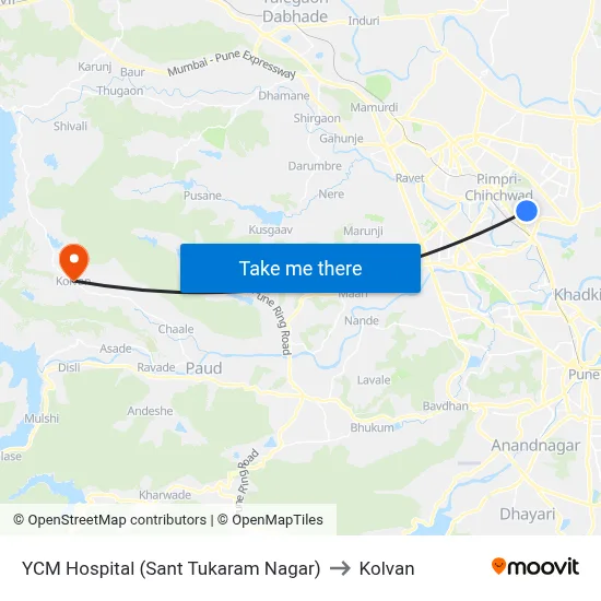 वाय.सी.एम हॉस्पिटल (संत तुकाराम नगर) to कोल्वन map