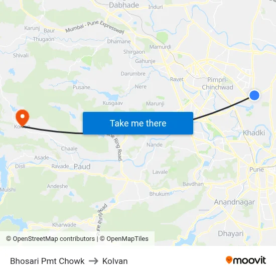 भोसरी पीएमटी चौक to कोल्वन map