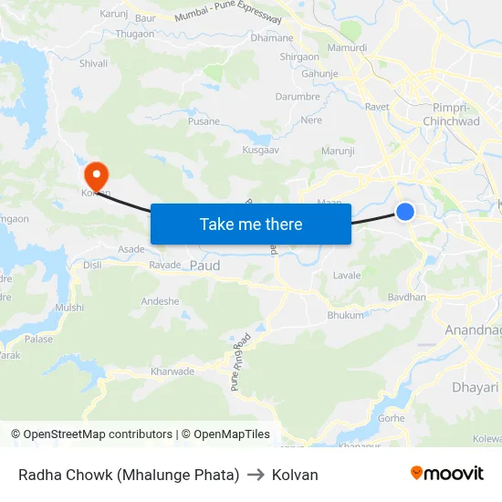 राधा चौक (म्हालुंगे फाटा) to कोल्वन map