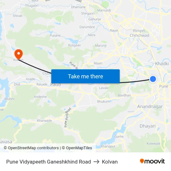 Pune Vidyapeeth Ganeshkhind Road to कोल्वन map