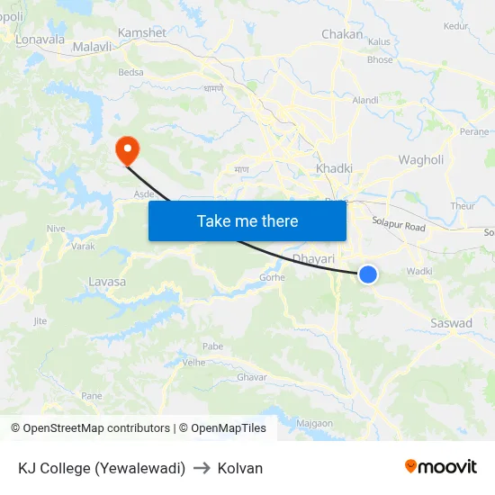 केजे कॉलेज (येवलेवाडी) to कोल्वन map