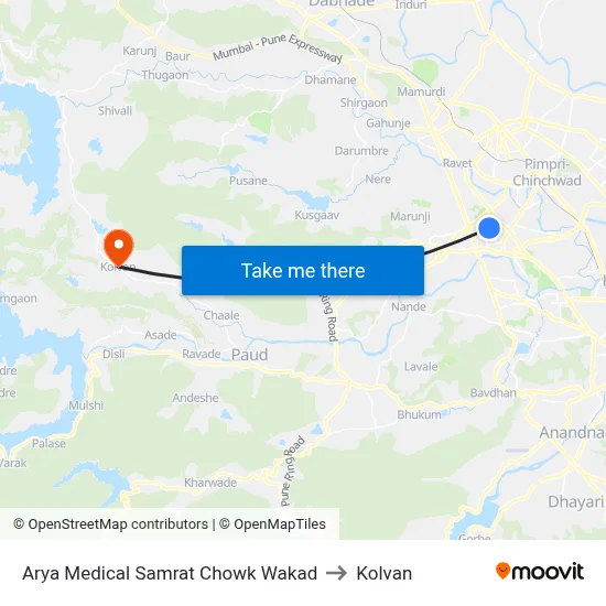 आर्य मेडिकल सम्राट चौक वाकड to कोल्वन map