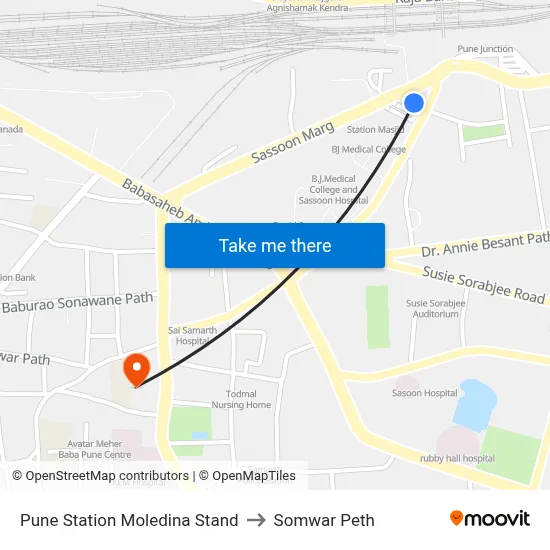 Pune Station Moledina Stand to Somwar Peth map
