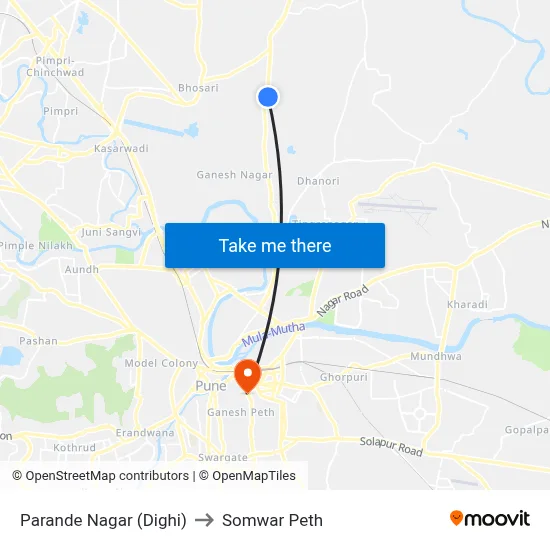 परांडे नगर (दिघी) to सोमवार पेठ map