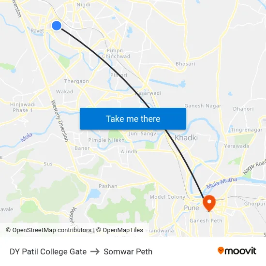 DY Patil College Gate to Somwar Peth map