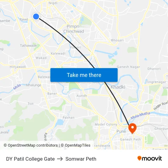 डीवाय पाटिल कॉलेज गेट to सोमवार पेठ map