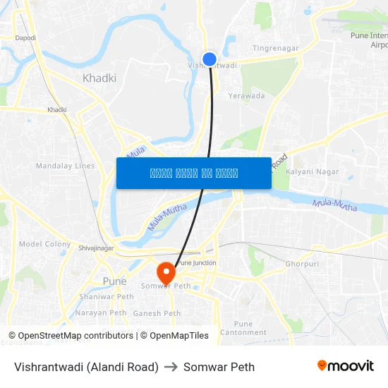 विश्रांतवाडी (आळंदी रोड) to सोमवार पेठ map
