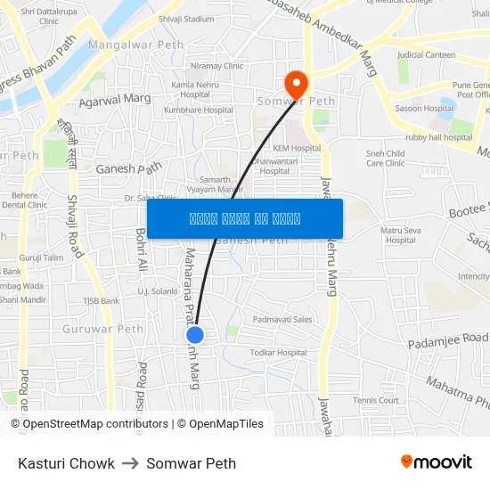 कस्तूरी चौक to सोमवार पेठ map