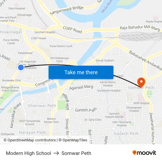 Modern High School to Somwar Peth map