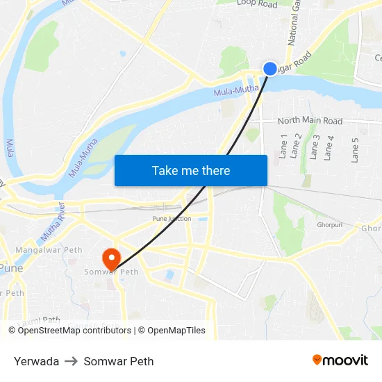 येरवडा to सोमवार पेठ map